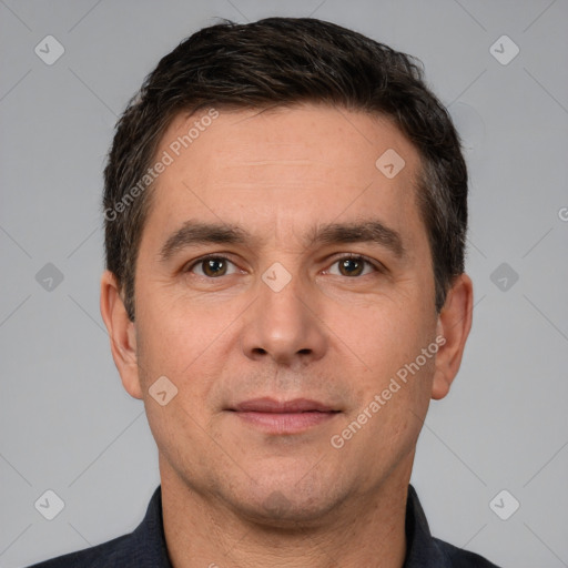 Neutral white adult male with short  brown hair and brown eyes