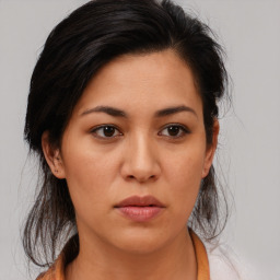 Neutral asian young-adult female with medium  brown hair and brown eyes