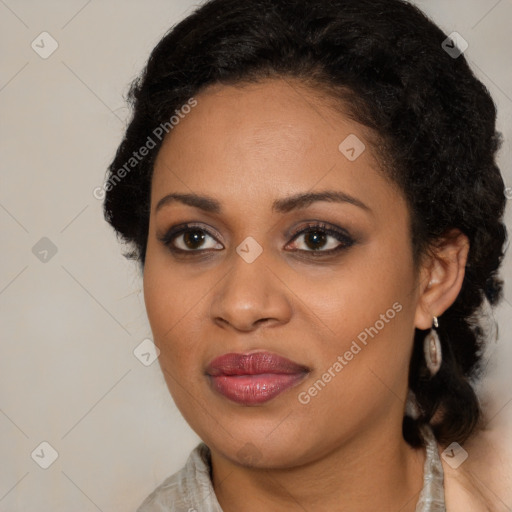 Joyful latino young-adult female with medium  black hair and brown eyes