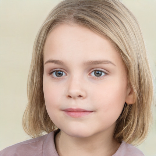 Neutral white child female with medium  brown hair and grey eyes