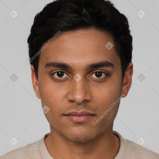 Neutral latino young-adult male with short  black hair and brown eyes