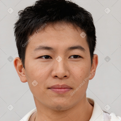 Neutral asian young-adult male with short  brown hair and brown eyes