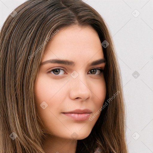 Neutral white young-adult female with long  brown hair and brown eyes