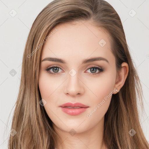 Neutral white young-adult female with long  brown hair and brown eyes