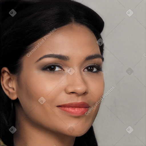 Joyful latino young-adult female with long  brown hair and brown eyes