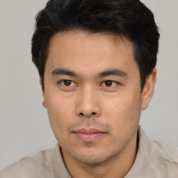 Neutral asian young-adult male with short  black hair and brown eyes