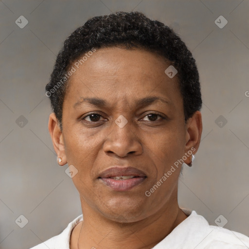 Joyful black adult female with short  brown hair and brown eyes