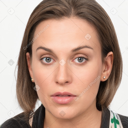 Neutral white young-adult female with long  brown hair and grey eyes