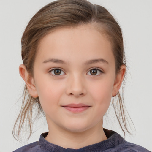 Joyful white child female with medium  brown hair and brown eyes