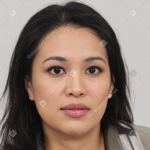 Joyful asian young-adult female with long  brown hair and brown eyes