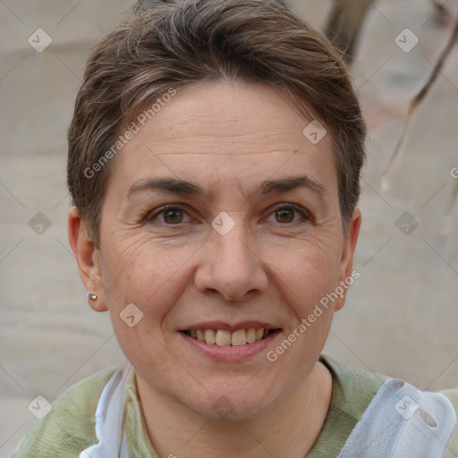 Joyful white adult female with short  brown hair and brown eyes