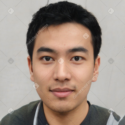 Neutral asian young-adult male with short  black hair and brown eyes