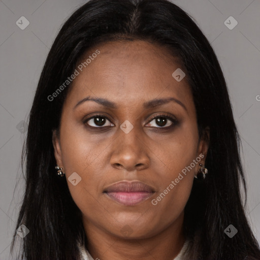 Joyful asian young-adult female with long  brown hair and brown eyes