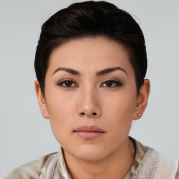 Neutral asian young-adult female with short  black hair and brown eyes