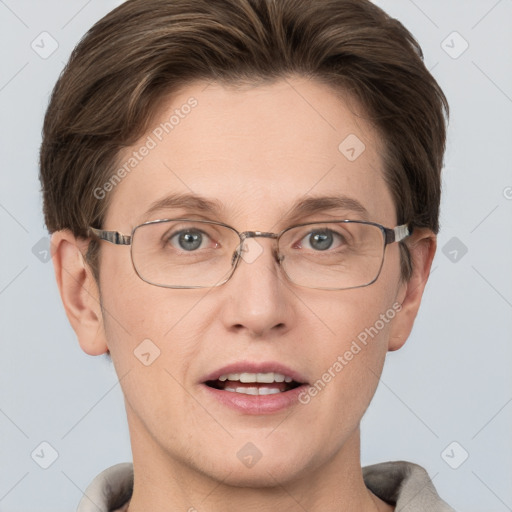 Joyful white adult female with short  brown hair and grey eyes