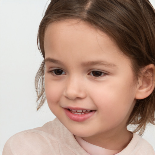 Joyful white child female with medium  brown hair and brown eyes