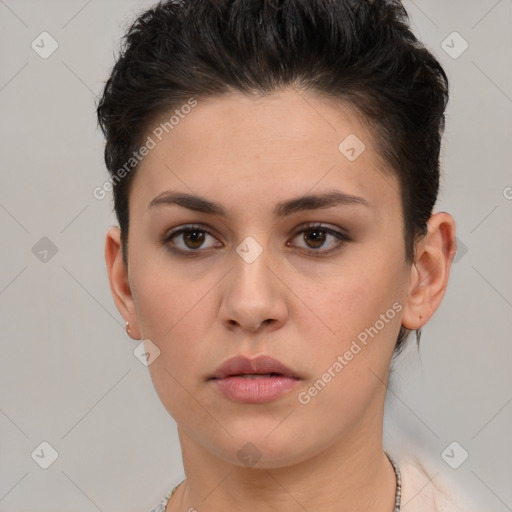 Neutral white young-adult female with short  brown hair and brown eyes