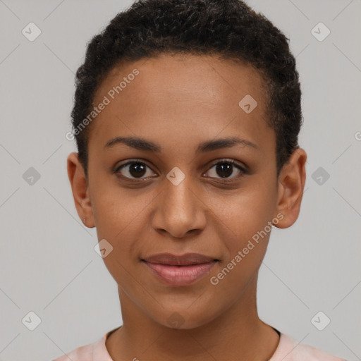 Joyful black young-adult female with short  brown hair and brown eyes