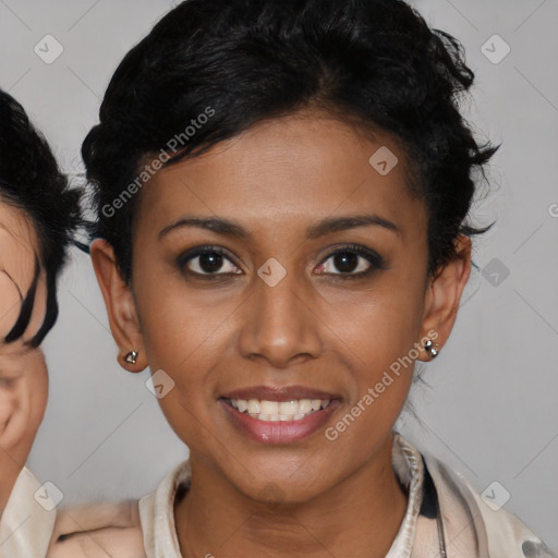 Joyful latino young-adult female with short  brown hair and brown eyes