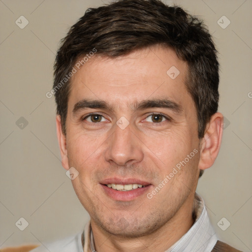 Joyful white adult male with short  brown hair and brown eyes