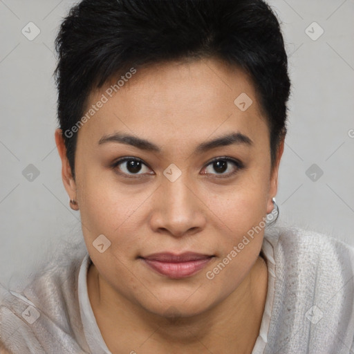 Joyful latino young-adult female with short  brown hair and brown eyes