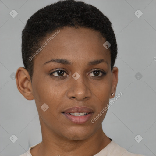 Joyful black young-adult female with short  brown hair and brown eyes