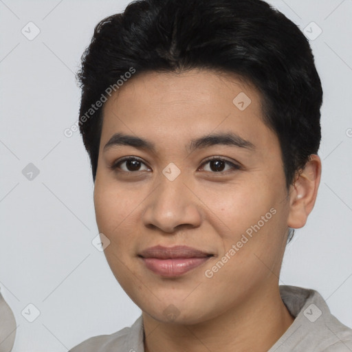 Joyful asian young-adult female with short  brown hair and brown eyes