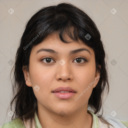 Neutral asian young-adult female with medium  brown hair and brown eyes