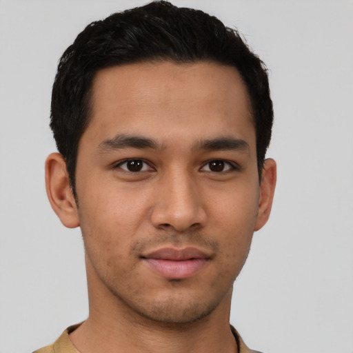 Neutral latino young-adult male with short  brown hair and brown eyes