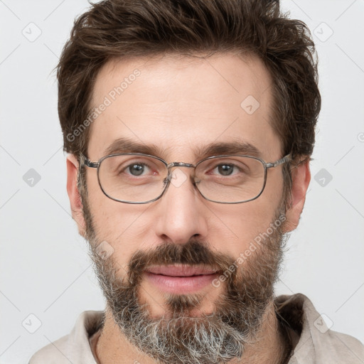 Neutral white adult male with short  brown hair and grey eyes