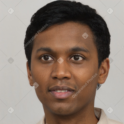 Neutral black young-adult male with short  black hair and brown eyes