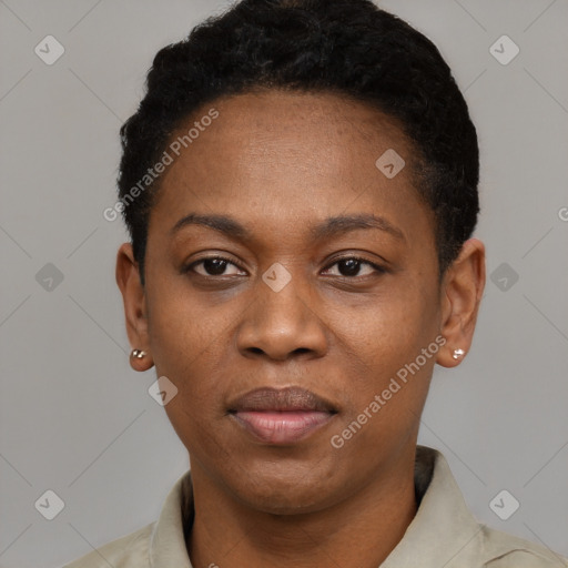 Neutral black young-adult female with short  black hair and brown eyes