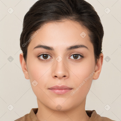 Neutral white young-adult female with short  brown hair and brown eyes