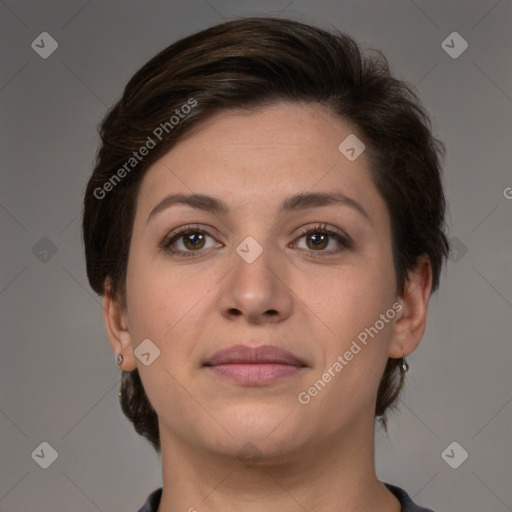 Joyful white young-adult female with medium  brown hair and brown eyes