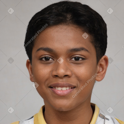 Joyful latino young-adult female with short  black hair and brown eyes