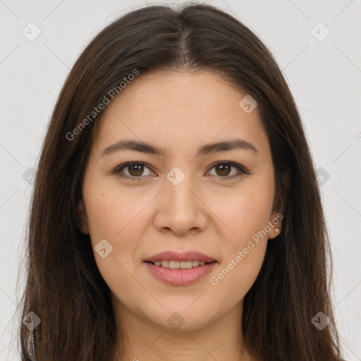 Joyful white young-adult female with long  brown hair and brown eyes