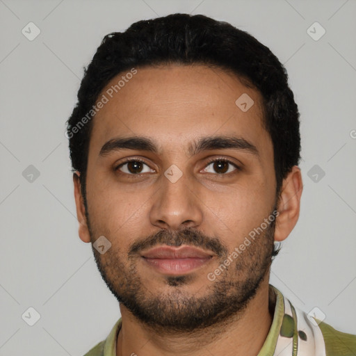 Neutral latino young-adult male with short  black hair and brown eyes