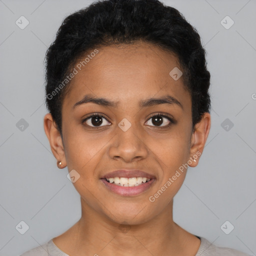 Joyful latino young-adult female with short  black hair and brown eyes