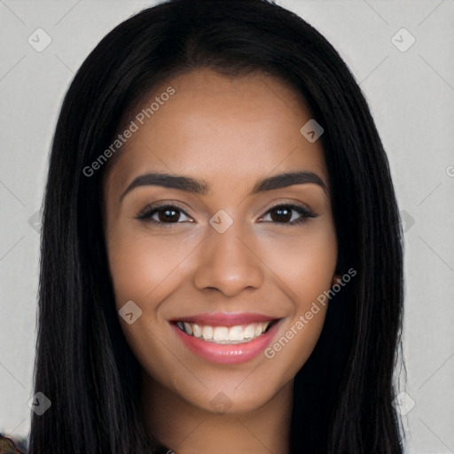 Joyful white young-adult female with long  black hair and brown eyes