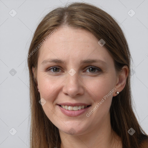 Joyful white young-adult female with long  brown hair and grey eyes