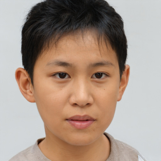 Joyful asian child male with short  brown hair and brown eyes