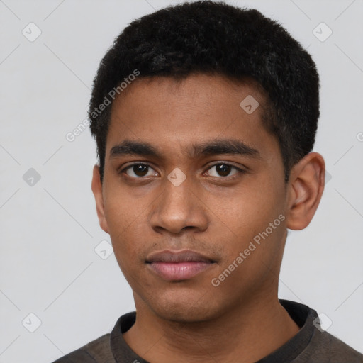 Neutral black young-adult male with short  black hair and brown eyes