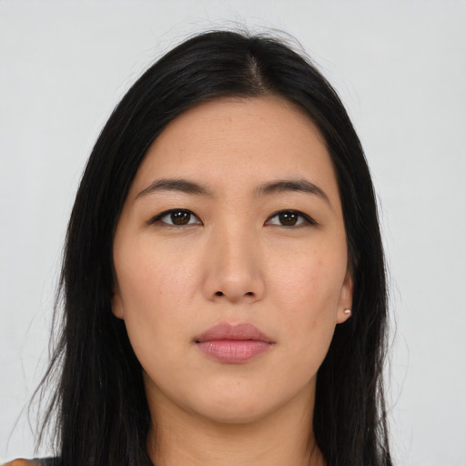 Neutral asian young-adult female with long  black hair and brown eyes