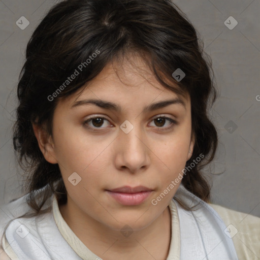 Neutral white young-adult female with medium  brown hair and brown eyes