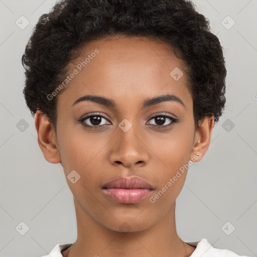 Neutral white young-adult female with short  brown hair and brown eyes