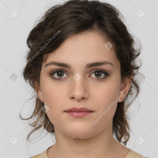 Neutral white young-adult female with medium  brown hair and brown eyes