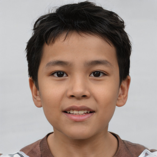 Joyful asian child male with short  brown hair and brown eyes