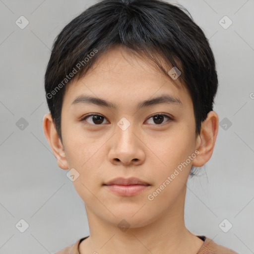 Neutral asian young-adult female with short  black hair and brown eyes