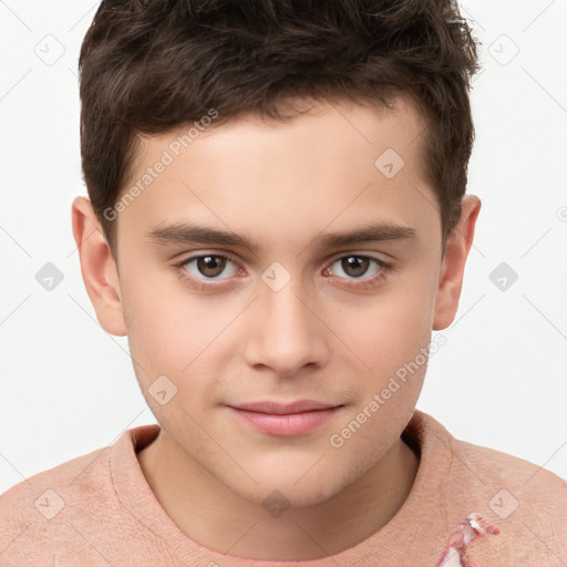 Joyful white child male with short  brown hair and brown eyes