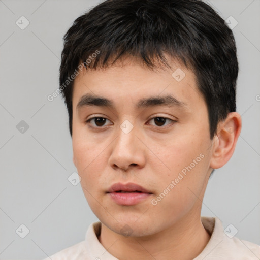 Neutral white young-adult male with short  black hair and brown eyes